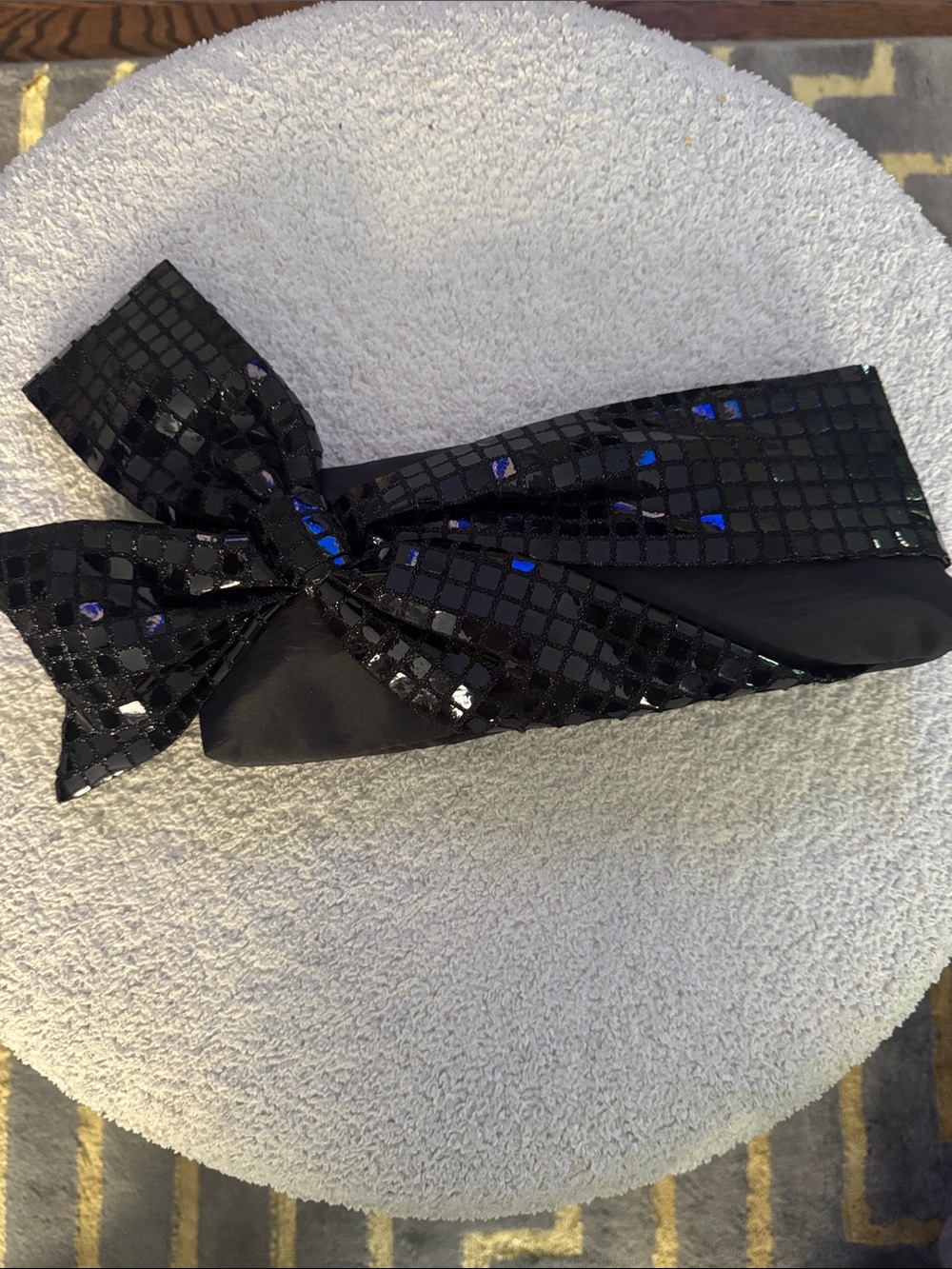 Liz Soto vintage Y2K black satin reflective tile bow accent clutch.